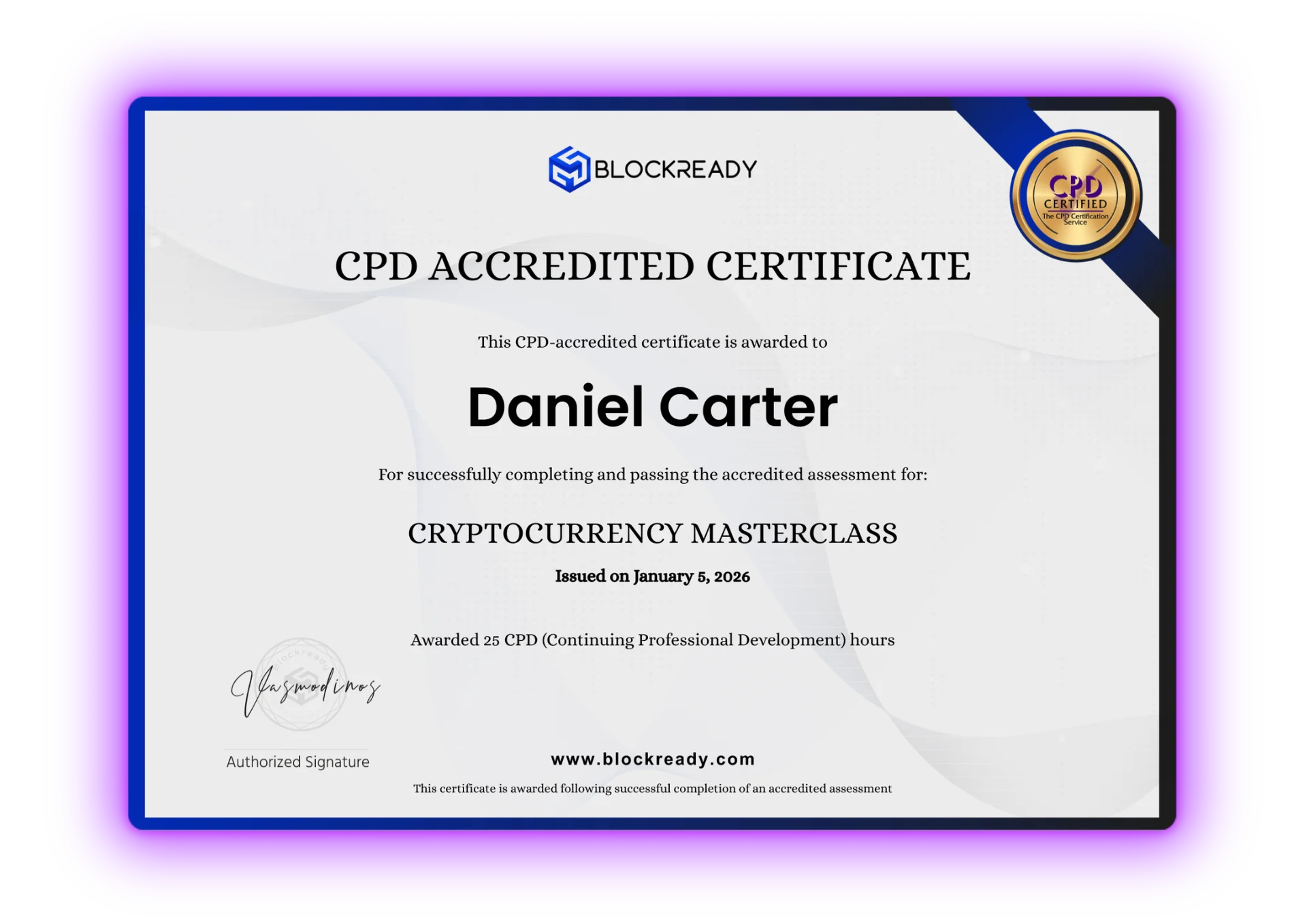 Official CPD-accredited certificate awarded after passing the Cryptocurrency Masterclass accreditation assessment